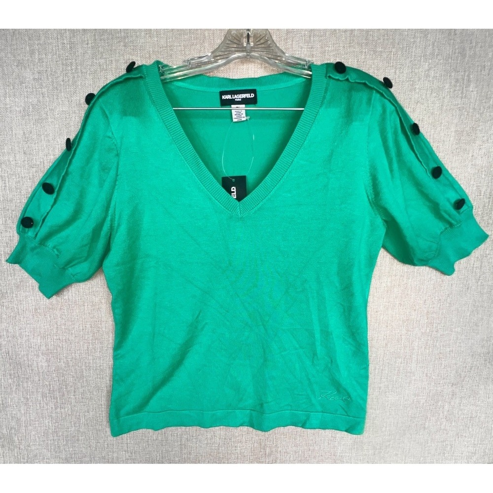Karl Lagerfeld Paris Kelly Green V-Neck Button-Sleeve Knit Sweater L4XSS718 Med